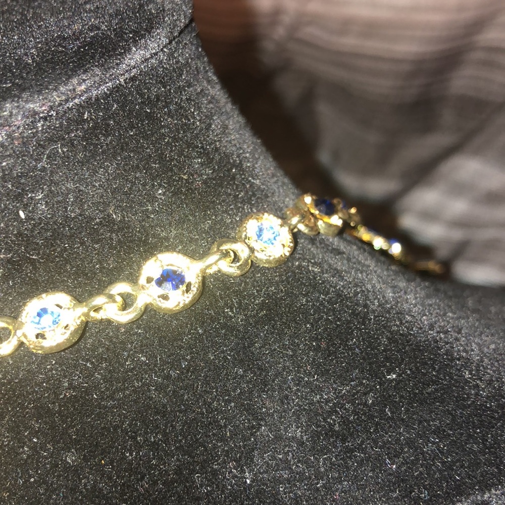 Gold Tone with Blue Stones Necklace - Picture 5 of 6